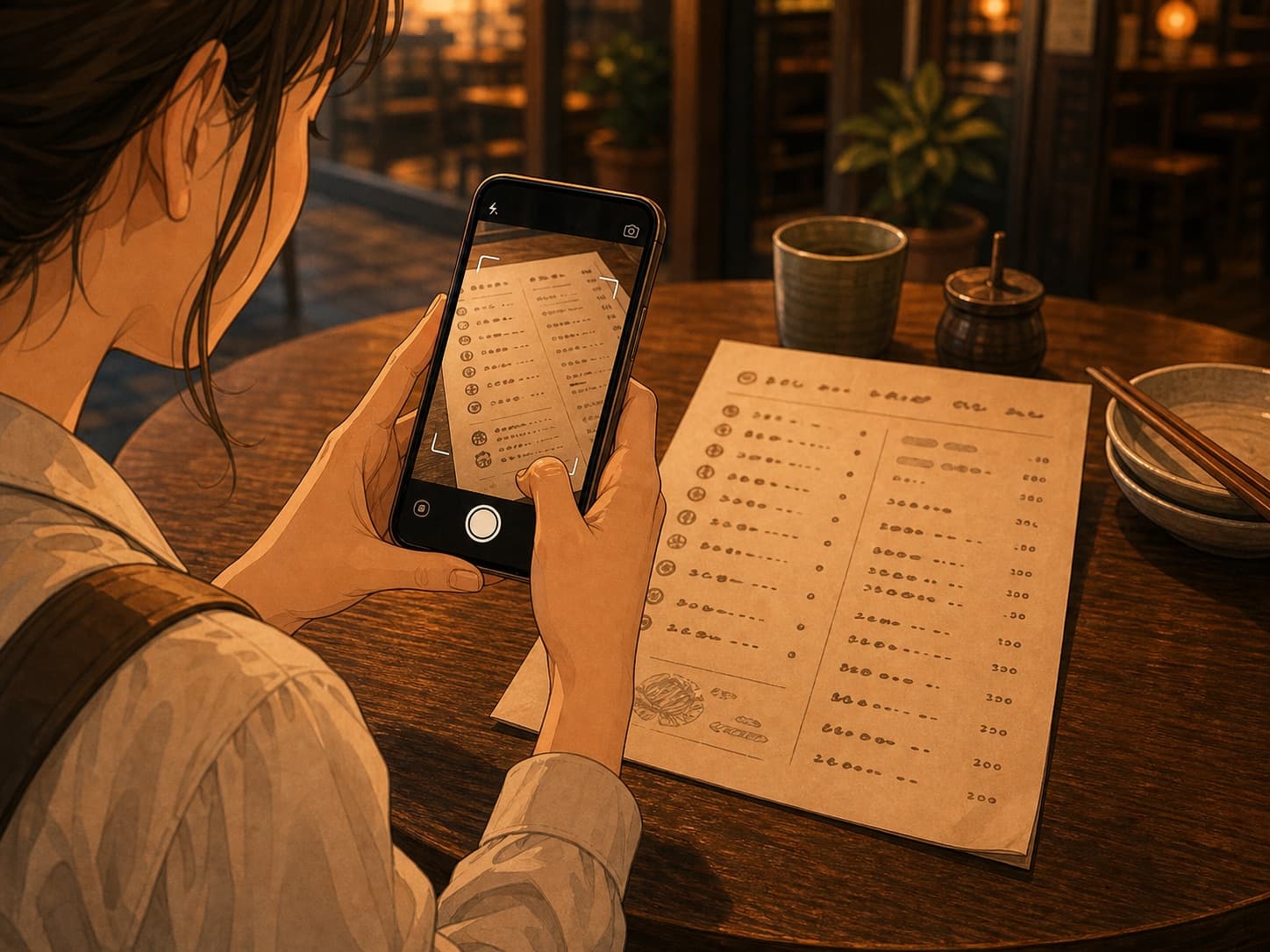 A traveler taking a photo of a menu with a phone