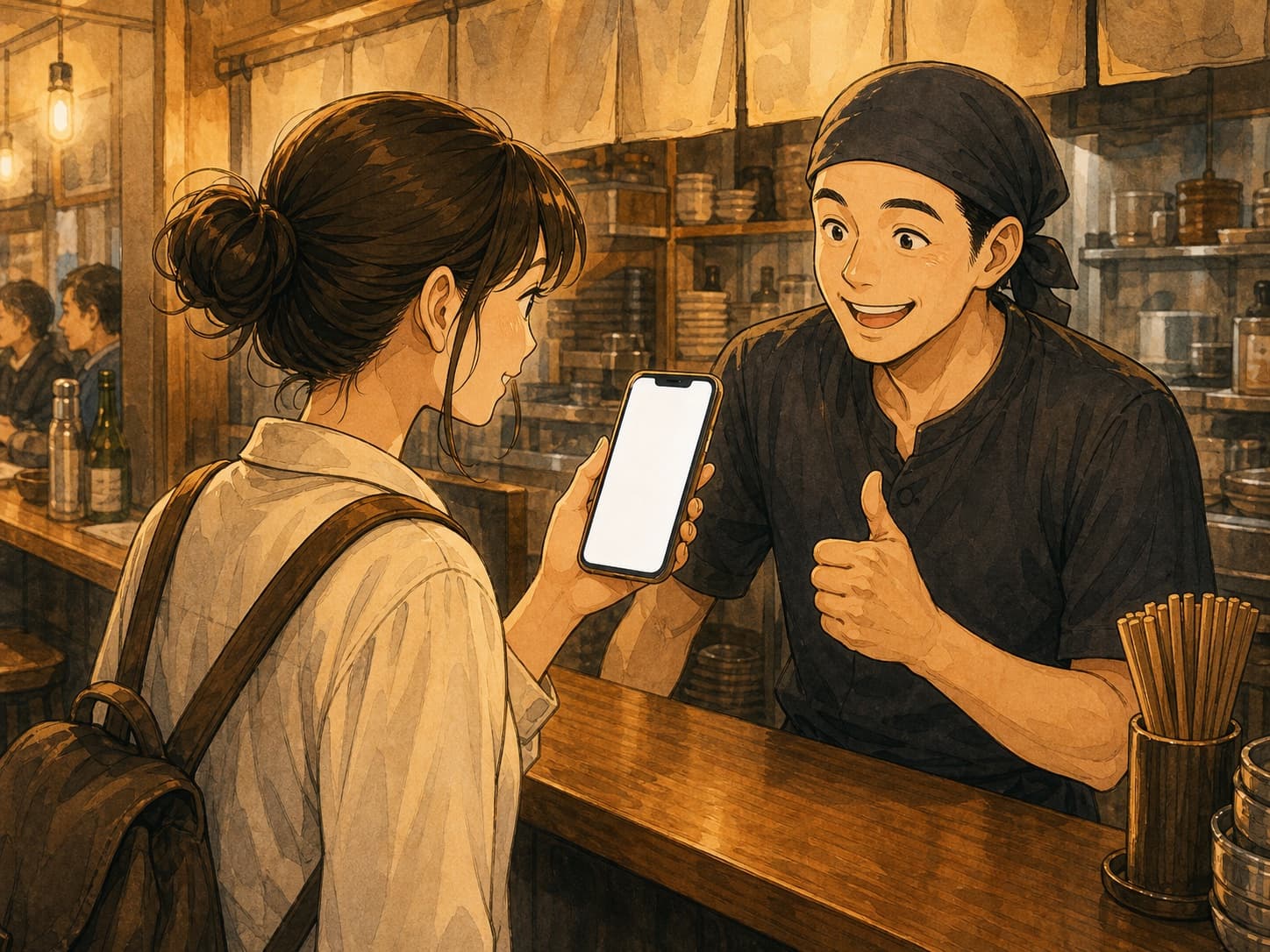 A traveler showing an order card to restaurant staff