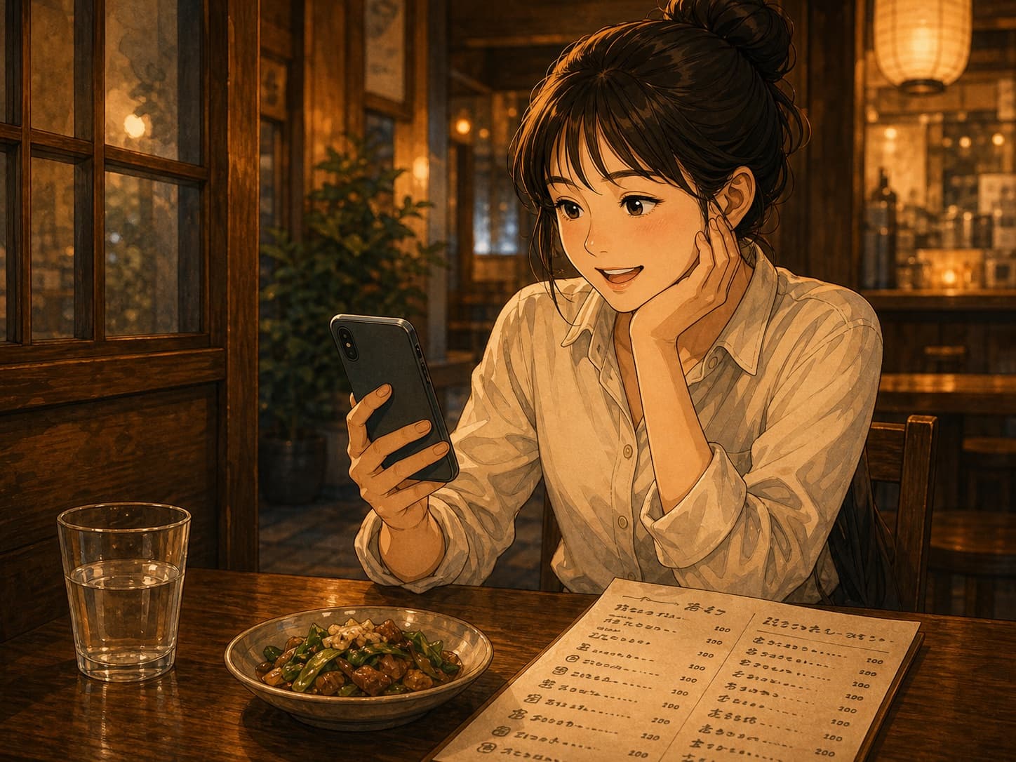 A traveler feeling relieved while reading a translated menu